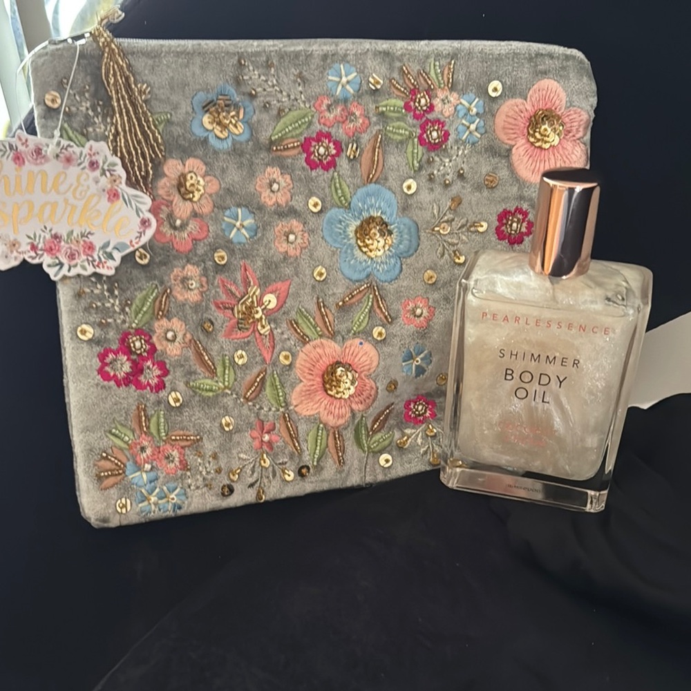 Floral Embroidered Clutch with Shimmer Body Oil, NEW, Perfect Gift Idea